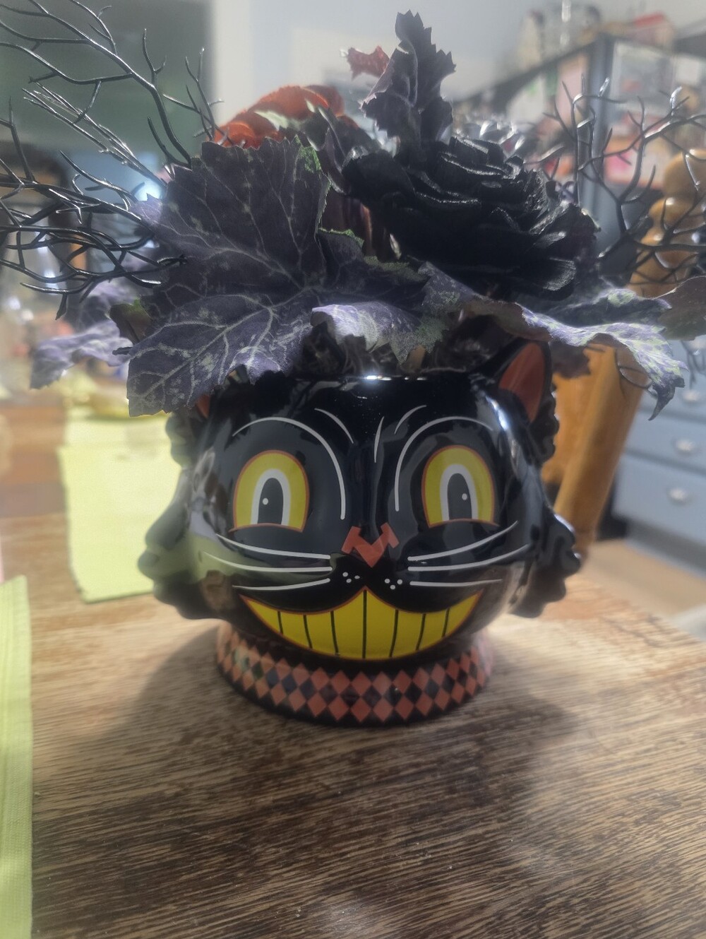 Halloween Artificial Floral Arrangement Cat Theme Black Ceramic Pot 10 Inches